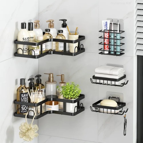 Étagère d'angle murale pour salle de bain, sans perçage 5pcs